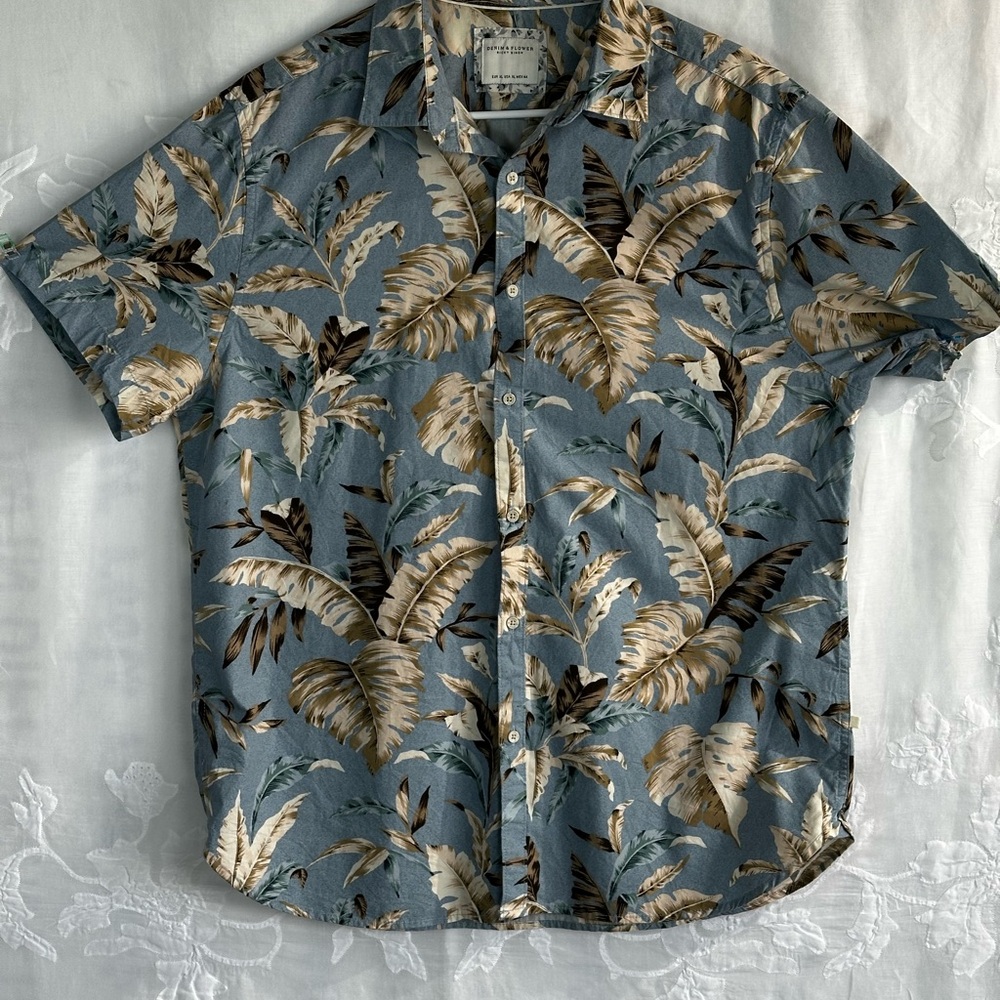 Denim & Flower Ricky Singh Blue Tropical Leaf Button Up Shirt Men’s XL - Picture 15 of 15